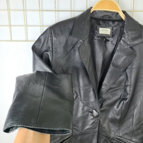 Black Genuine Lamb Leather One-Button Classic Blazer - Picture 7 of 12
